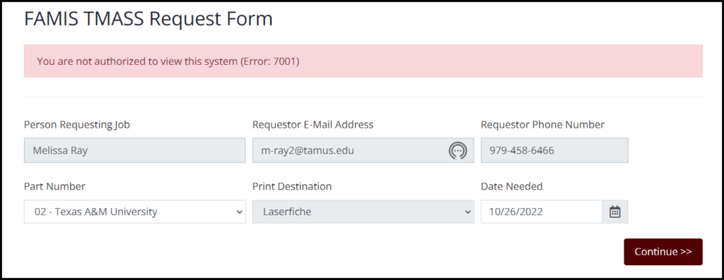 Screen capture of FAMIS TMASS Request Form authorization error message