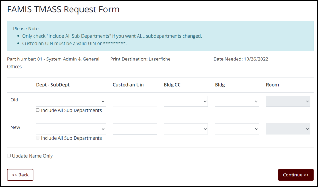 Screen capture of blank FAMIS TMASS Request Form