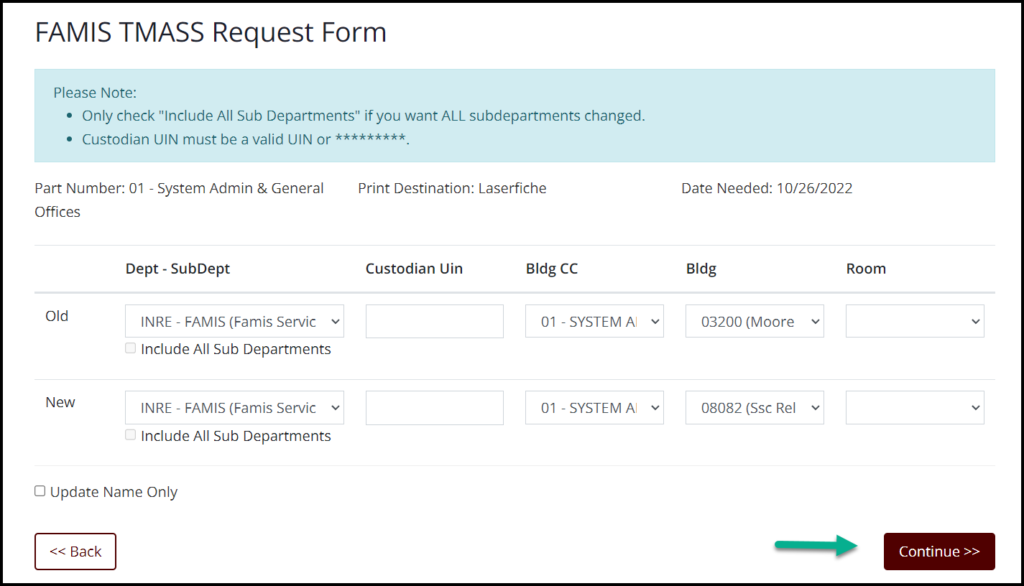 Screen capture of FAMIS TMASS Request Form with New Building Campus Code and Building entries