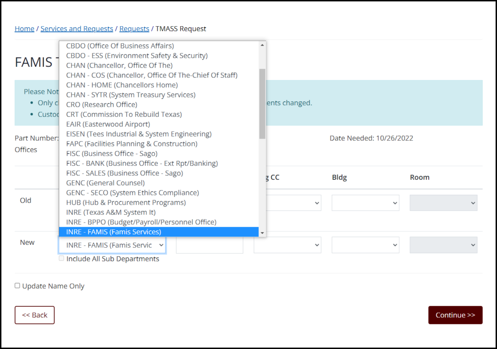 Screen capture of the FAMIS TMASS Request Form New Department dropdown menu