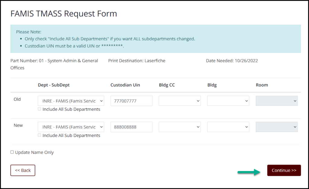 Screen capture of FAMIS TMASS Request Form with New Custodian UIN field and Continue button highlighted