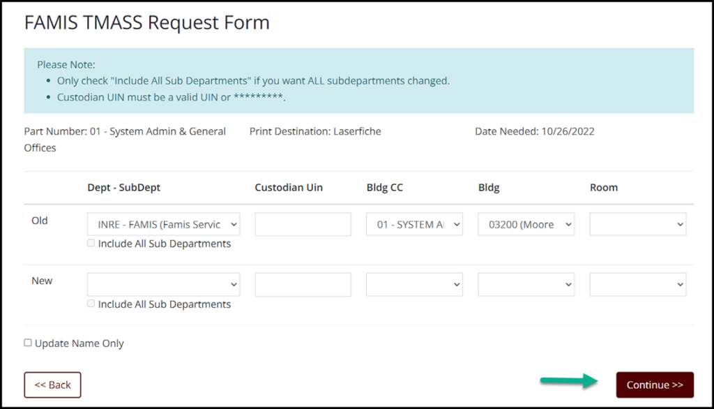 Screen capture of FAMIS TMASS Request Form with Old Building Campus Code and Building entries