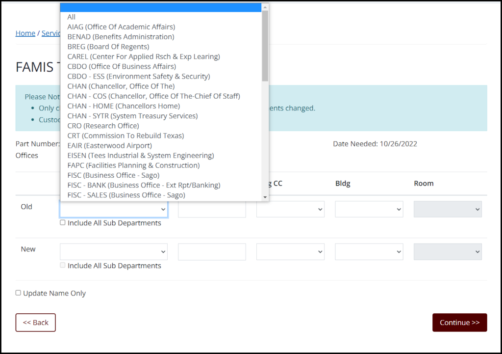 Screen capture of FAMIS TMASS Request Form Old Department dropdown menu