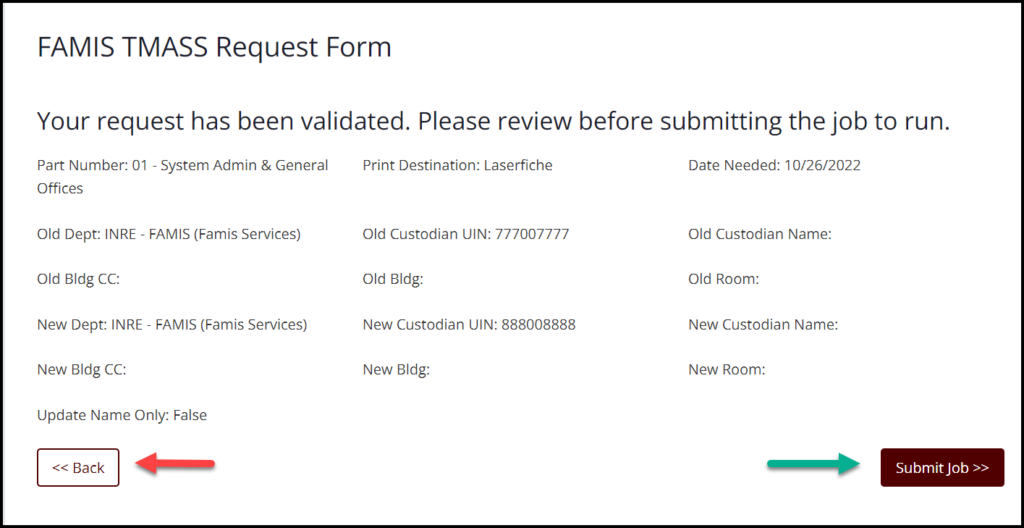 Screen capture of FAMIS TMASS Request Form entry validation message with Back and Submit Job buttons highlighted