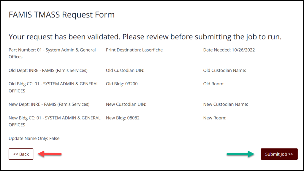 Screen capture of FAMIS TMASS Request Form building entry Validation message with Back and Submit Job buttons highlighted