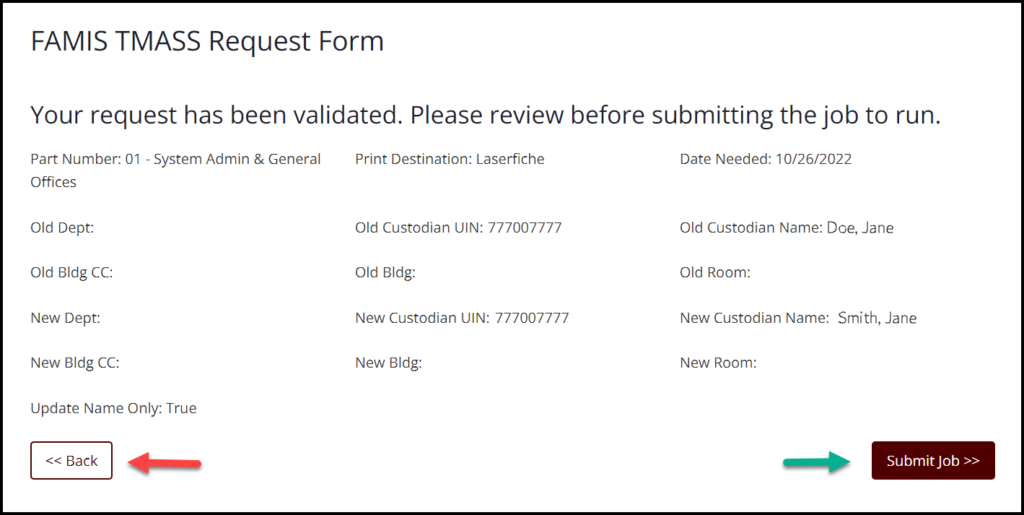 Screen capture of FAMIS TMASS Request Form entry Validation message for Update Name Only