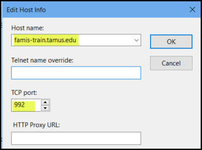 Screen capture of connection profile host information editing with host name and TCP port highlighted