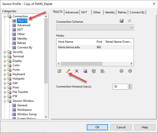 Screen capture of FAMIS session profile window with TN3270 category and Edit Host Info icon highlighted