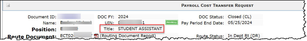 Partial screen capture of Partial Cost Transfer Request document with job title field highlighted