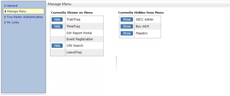 screenshot of SSO UI with the menu point "Manage Menu" highlighted