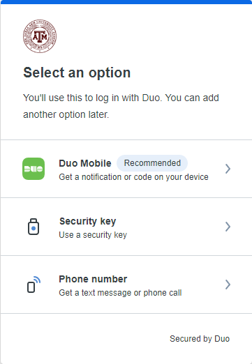 Screenshot of duo prompt showing that you can select an option, duo mobile, security key or phone number