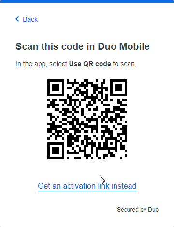screen shot of duo mobile with a qr code, text instructing the user to scan this code in duo mobile