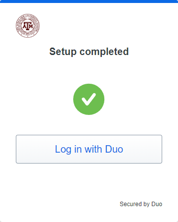 screenshot of duo mobile showing that setup has been completed