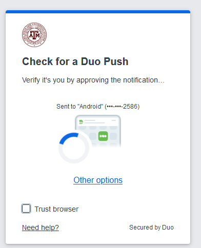 Screenshot of the duo prompt window. Text is Check for a Duo Push, verify if it's you by approving the notification.