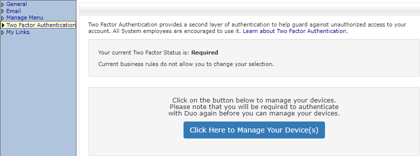 screenshot from the TAMUS single sign on website, showing a button to click here to manage your devices enrolled in duo