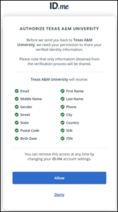 Screen capture of ID.me authorization screen
