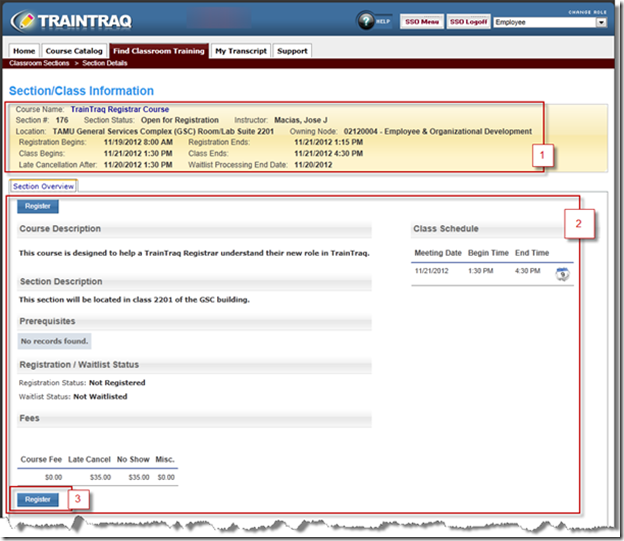 find classroom training tab, showing the section, class information screen in traintraq