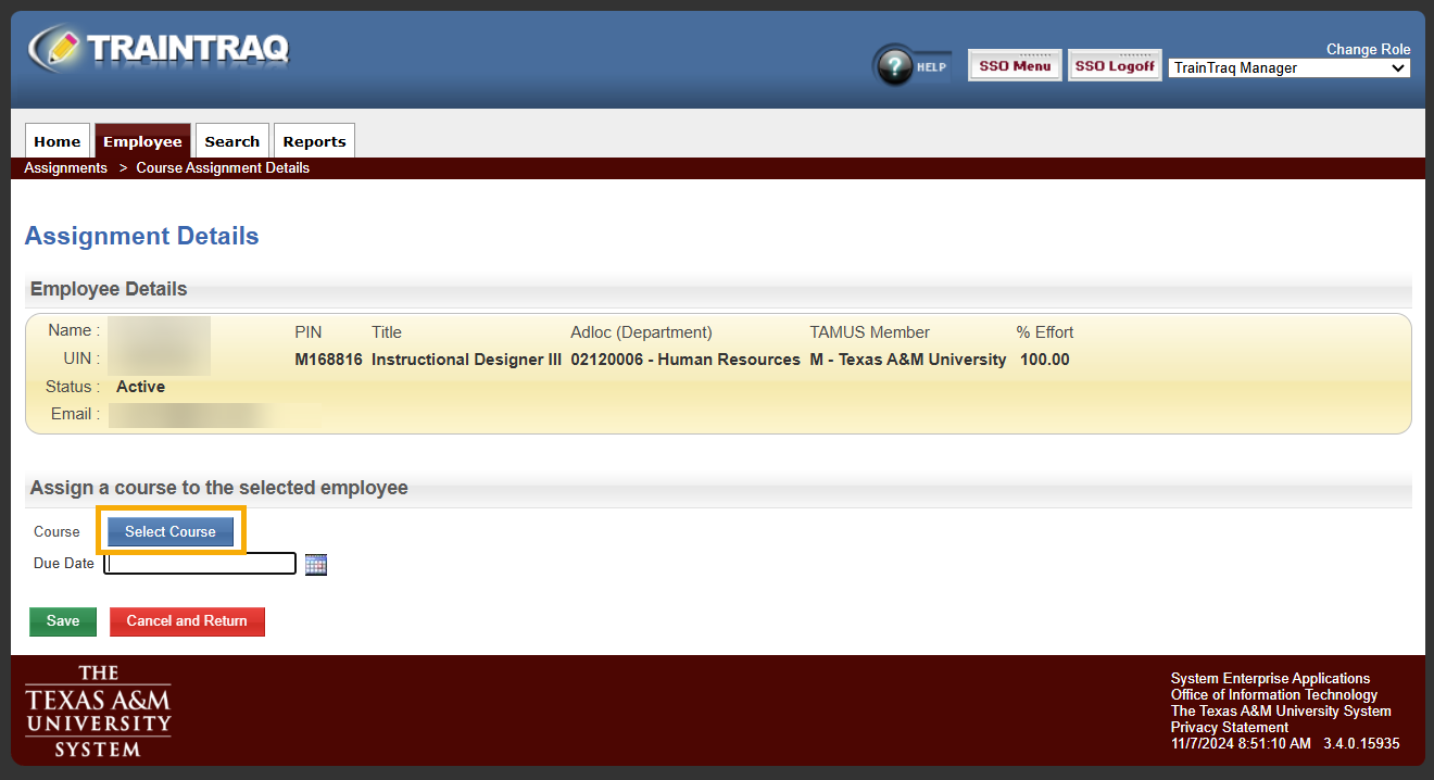 Assignment Details page with the Select Course button highlighted.