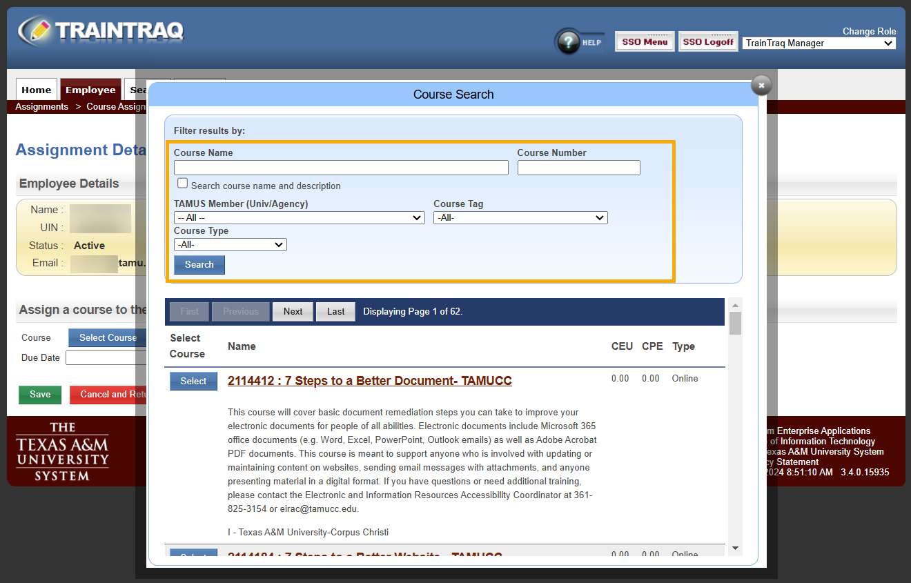 The Course Search pop-up window that appears when you click the Select Course button on the Assignment Details page with the Filter results by section highlighted.