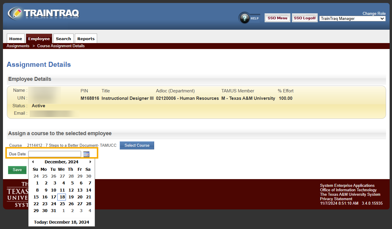 The Assignment Details page with the Due Date field highlighted and the drop-down calendar showing.