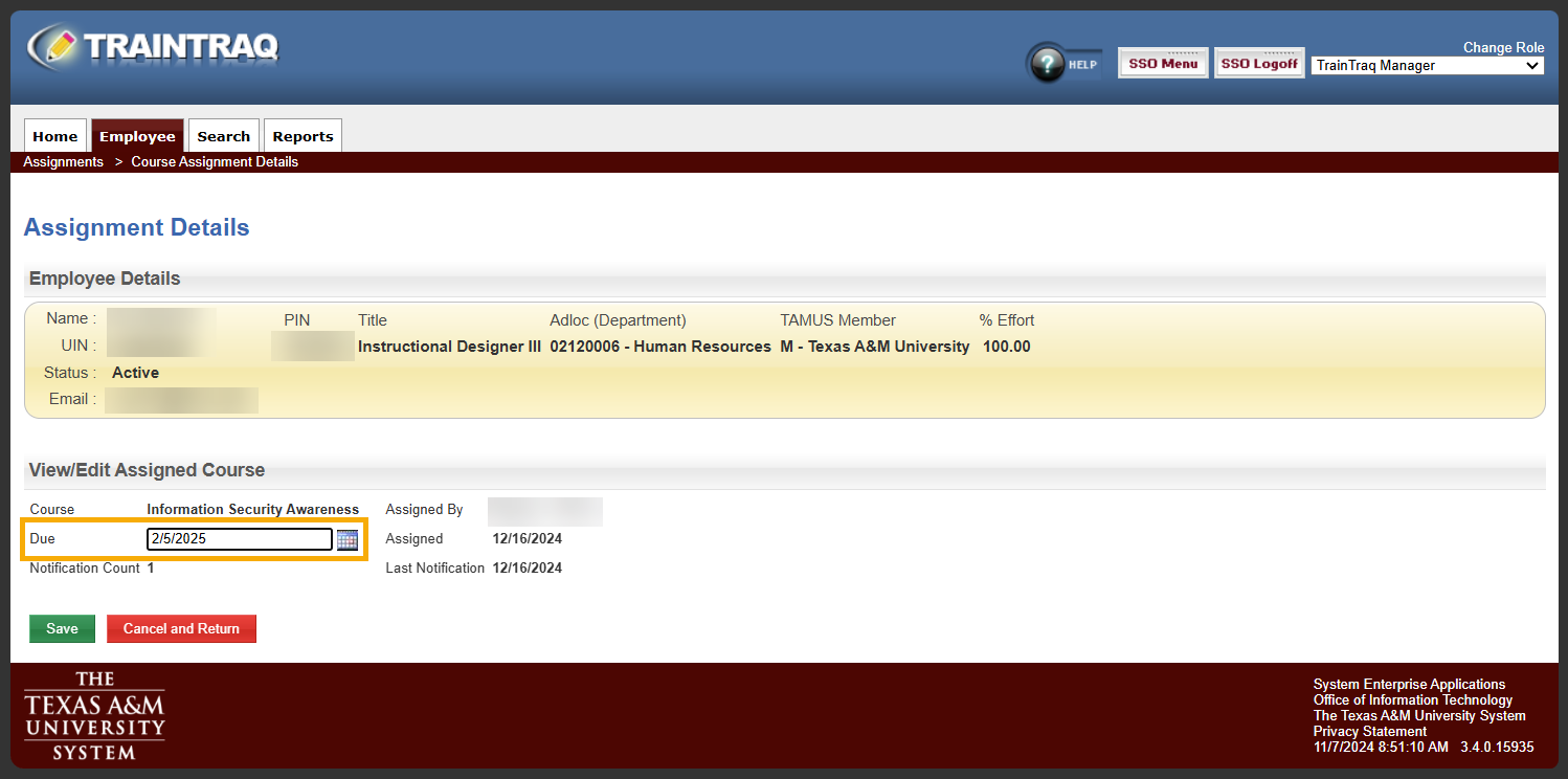 The Assignment Details page with the Due field highlighted.