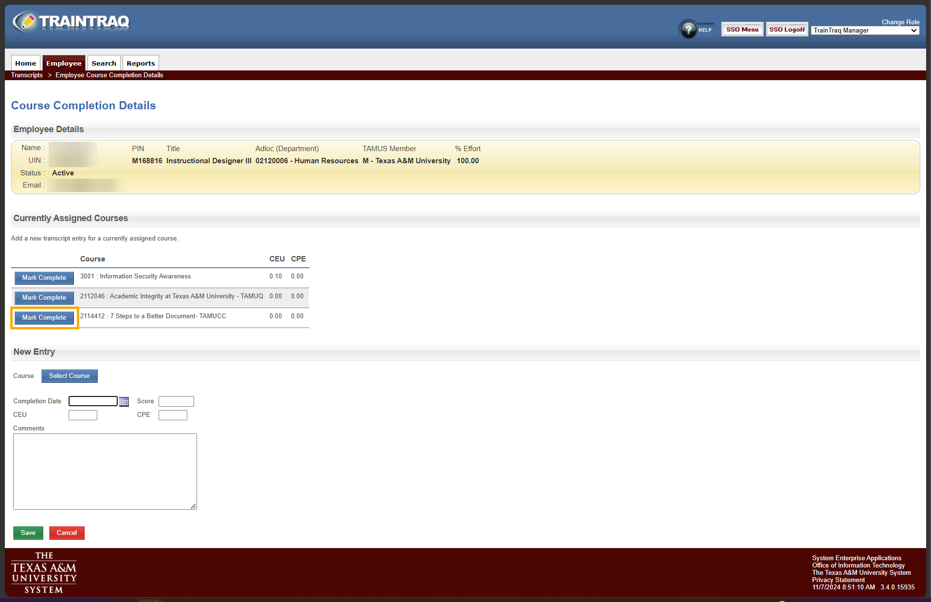 Manager view of the Course Completion Details page with the Mark Complete button next to one currently assigned course highlighted.