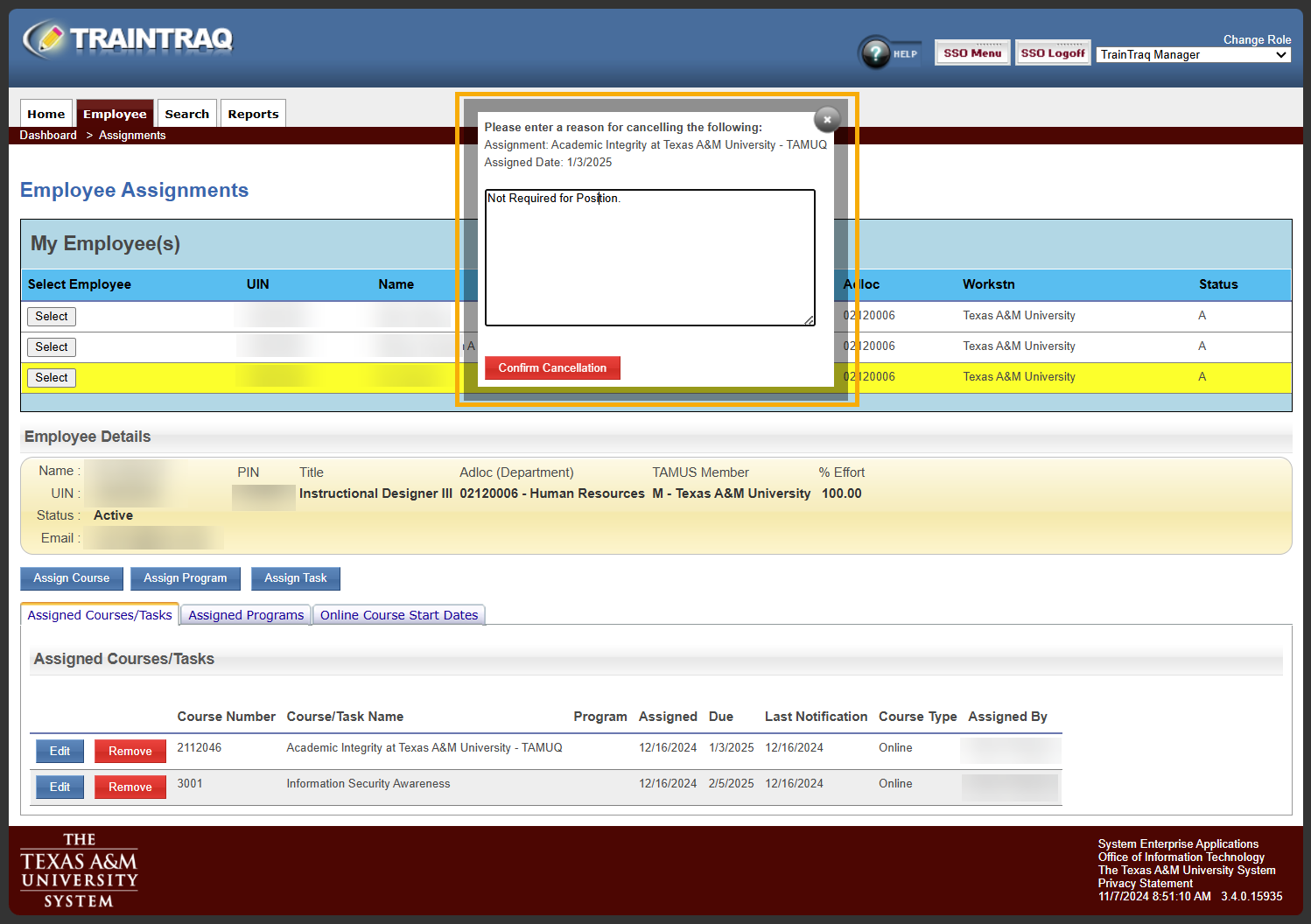 The pop-up requiring a reason for canceling the assignment that appears when you click the Remove button next to a course on the Employee Assignments page.