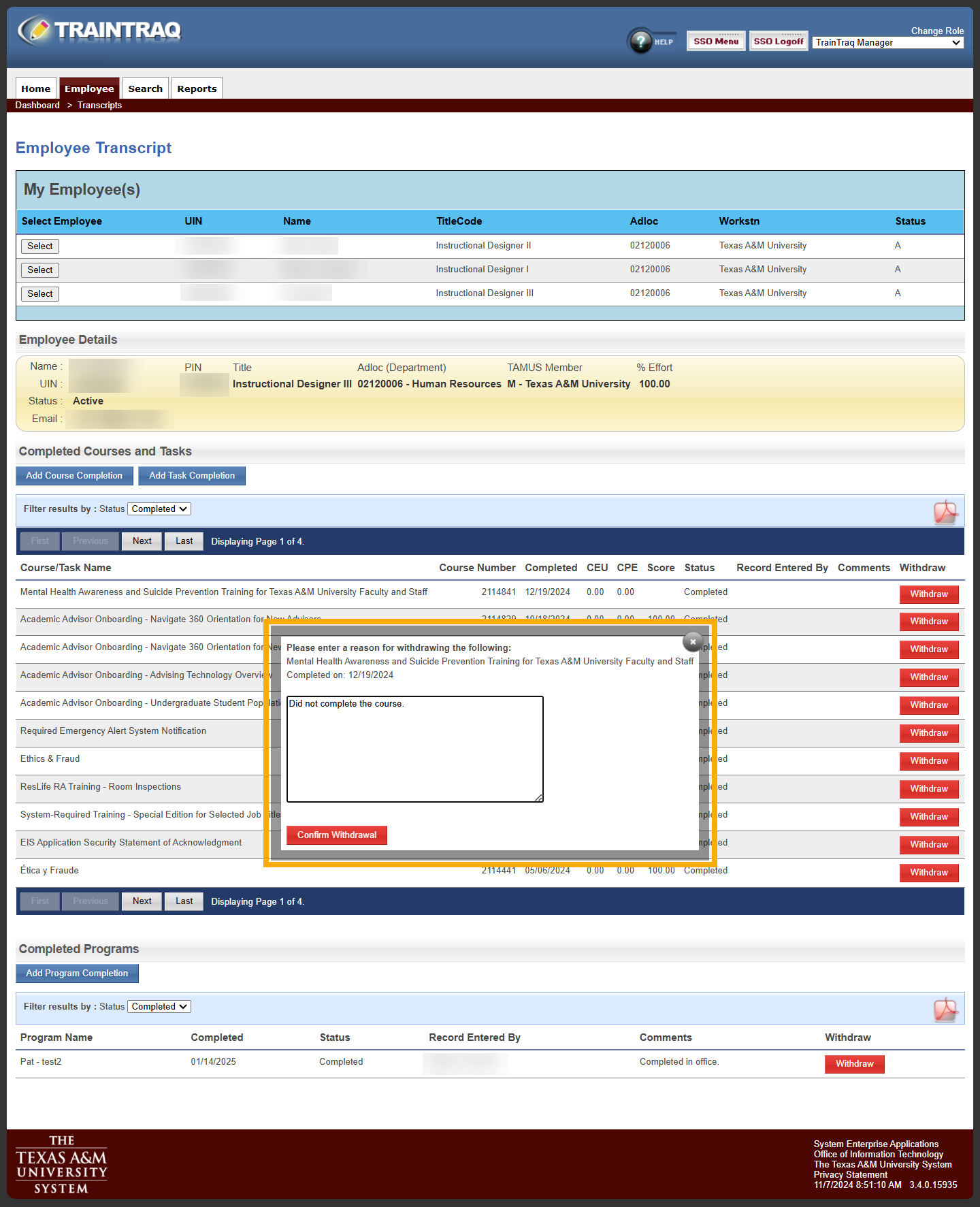 Manager view of the Employee Transcript page showing the pop-up screen that appears after clicking the Withdraw button.