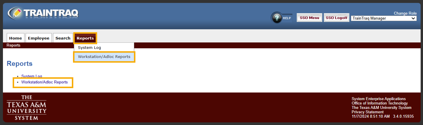 Managers view of the Reports tab with the Workstation/Adloc Reports choice highlighted.