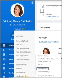 Related Actions menu selected for Employee Darcy Bachelor. The Job change option is highlighted, and the Report No Show option is selected.