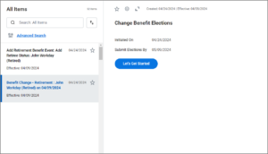 Inbox Action item Change Benefit Elections task to be canceled is displayed