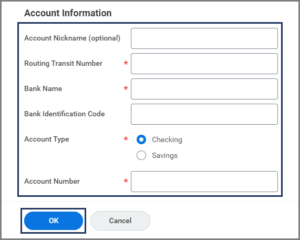 Account information fields including routing transit number, bank name, account type and account number