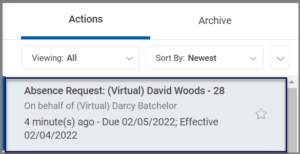 The Actions tab of the Workday inbox with an Absence Request task highlighted for emphasis.