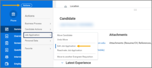 A candidate's worker profile highlighting the actions button, followed by job application and then the link to edit job application