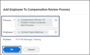 The Add Employee To Compensation Review Process Window. The process and employee fields are emphasized.