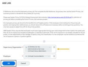 Add Job Window accessed from the Worker Profile emphasizing the Supervisory Organization field