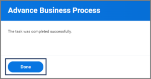 The completion page for advance business process with the done button highlighted