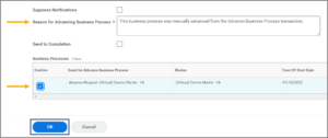 The Advance Manually page with the reason for advancing business process field highlighted as well as the confirm checkbox