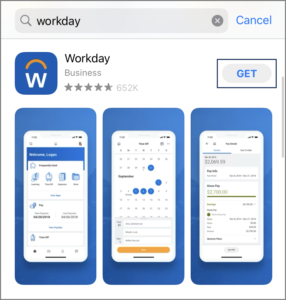 The app store with the text workday searched for. The workday app displays as the first result and the get button for the app is highlighted