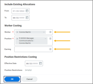 The Assign Costing Allocation Window highlighting the worker, position, and earning fields