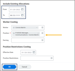 The Assign Costing Allocation Window highlighting the position field
