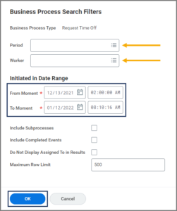 The Business Process Search Filters page with the period, worker, and initiated in date range fields highlighted