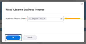The mass advance business process pop-up window showing the Business Process Type field