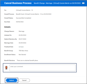 The Cancel Business Process page emphasizing the comment section and submit button