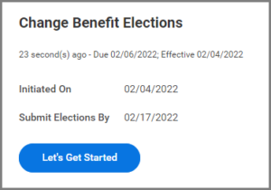The Change Benefit Elections inbox task displaying the let's get started button