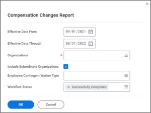 The Compensation Changes Report window displaying several fields and the include subordinate organizations checkbox which is checked