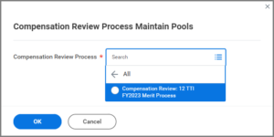 The Compensation Review Process Maintenance Pools windows displaying the Compensation Review Process field