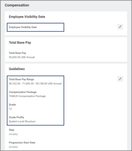 The top half of the compensation page, displaying the employee visibility date section (and its corresponding field), the total base bay section (and its corresponding field), and the guidelines section emphasizing the total base pay range, compensation package, grade, and grade profile fields