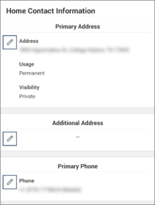 The Contact Information page displaying an example user's address, additional address, and primary phone sections, highlighting the pencil icon next to each one on the left side of the screen