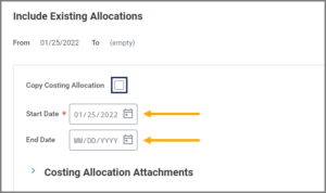 The Costing Allocation Dates and the copy costing allocation checkbox